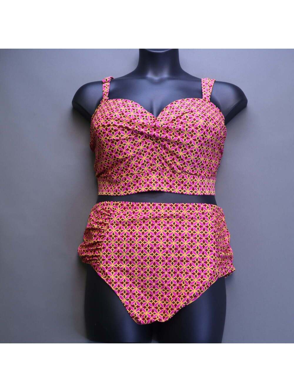 Old Navy Bikini Set 3X Top 2X Bottom Geometric Pink Orange High Waist Swimsuit